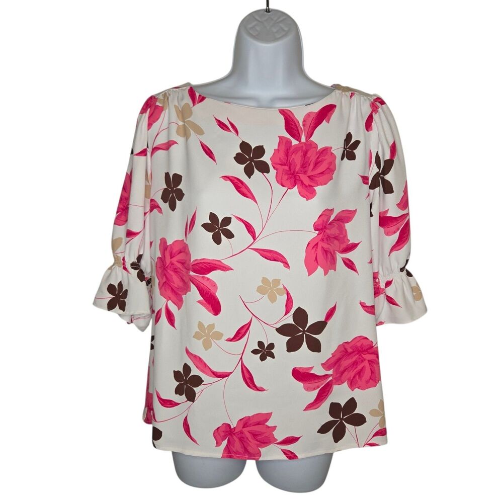 Ann Taylor Floral Mixed Media Top Size M Puff Sleeve Ruffle Cuff Peasant Blouse